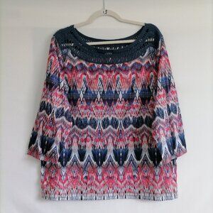 Chico’s Women's Blue Pink Crochet Abstract Ikat Print Blouse Top Size 2/USL